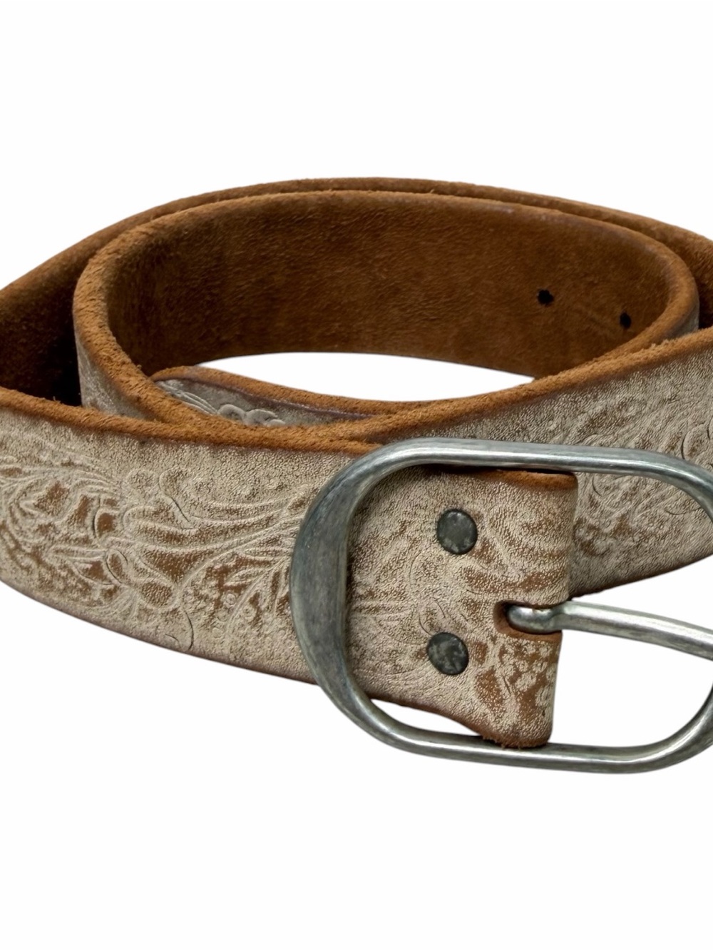Banana Republic Tooled Leather Belt Off White /Brown Embossed Western Womens XS